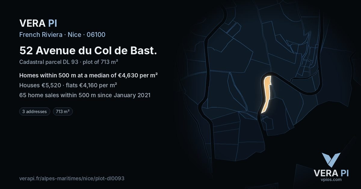 52 Avenue du Col de Bast, Nice at night – the plot lit, the parcels around coloured by the prices near them