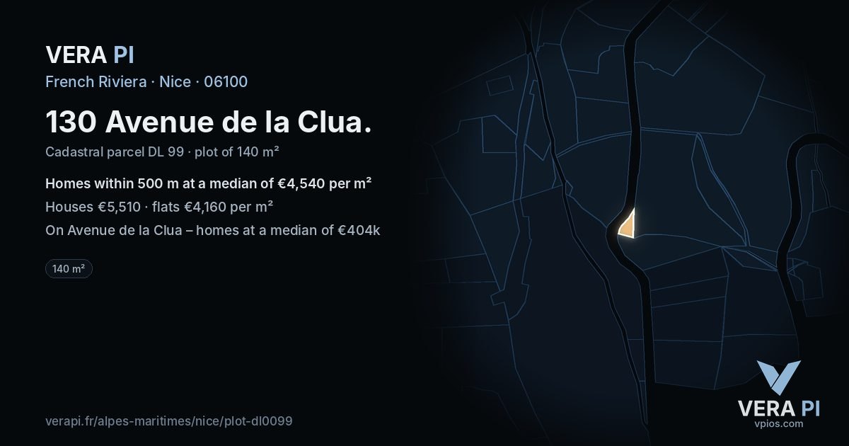 130 Avenue de la Clua, Nice at night – the plot lit, the parcels around coloured by the prices near them