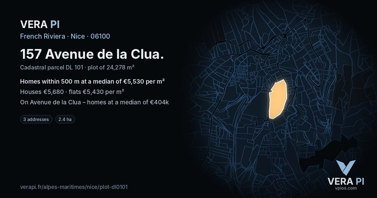 157 Avenue de la Clua, Nice at night – the plot lit, the parcels around coloured by the prices near them