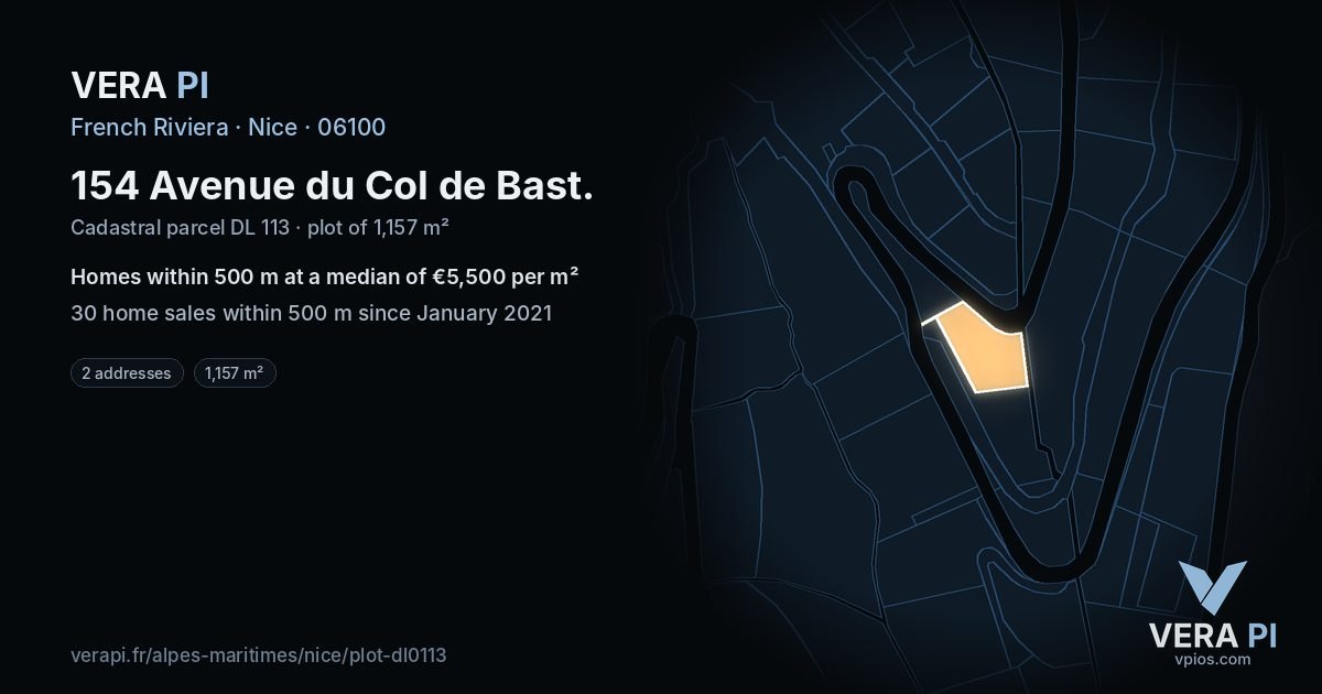 154 Avenue du Col de Bast, Nice at night – the plot lit, the parcels around coloured by the prices near them