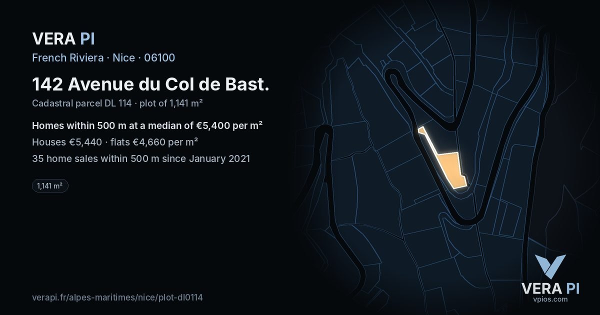 142 Avenue du Col de Bast, Nice at night – the plot lit, the parcels around coloured by the prices near them