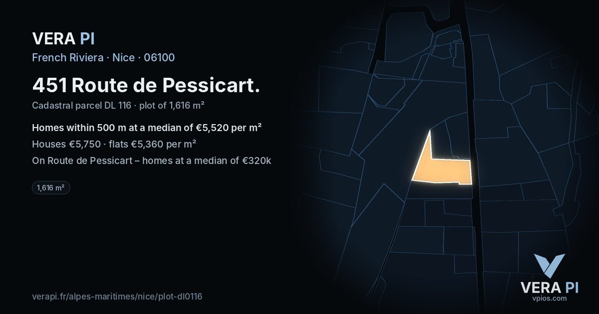 451 Route de Pessicart, Nice at night – the plot lit, the parcels around coloured by the prices near them