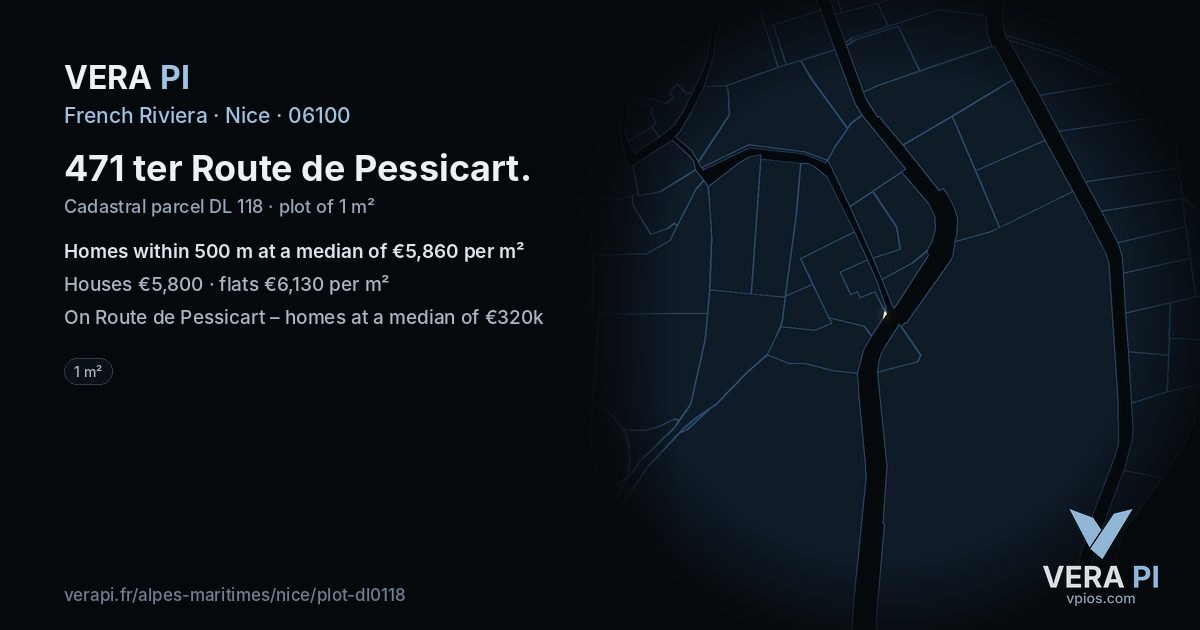 471 ter Route de Pessicart, Nice at night – the plot lit, the parcels around coloured by the prices near them