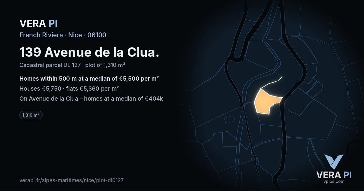 139 Avenue de la Clua, Nice at night – the plot lit, the parcels around coloured by the prices near them