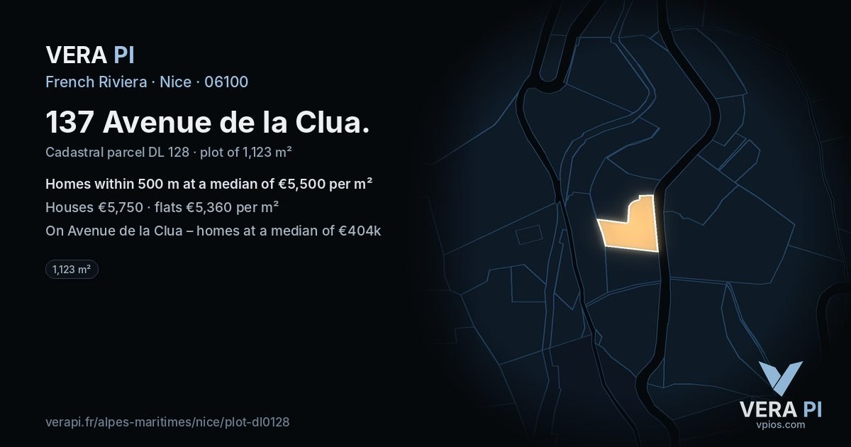 137 Avenue de la Clua, Nice at night – the plot lit, the parcels around coloured by the prices near them