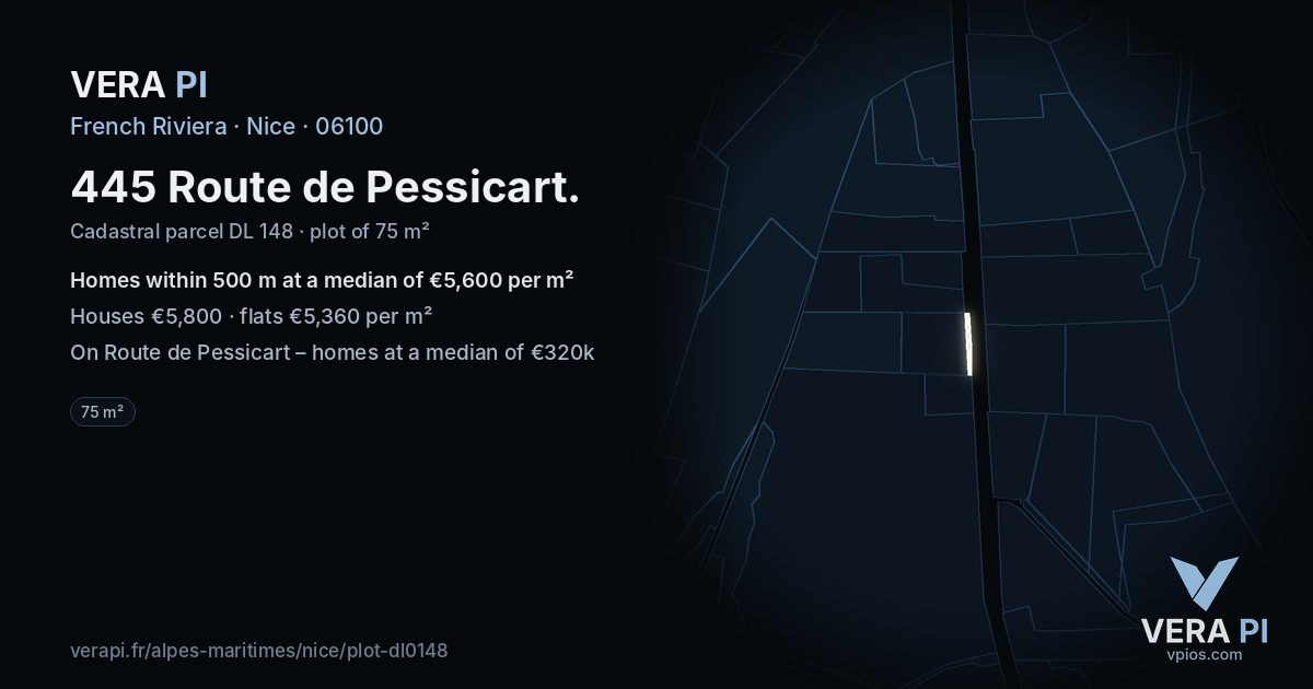 445 Route de Pessicart, Nice at night – the plot lit, the parcels around coloured by the prices near them