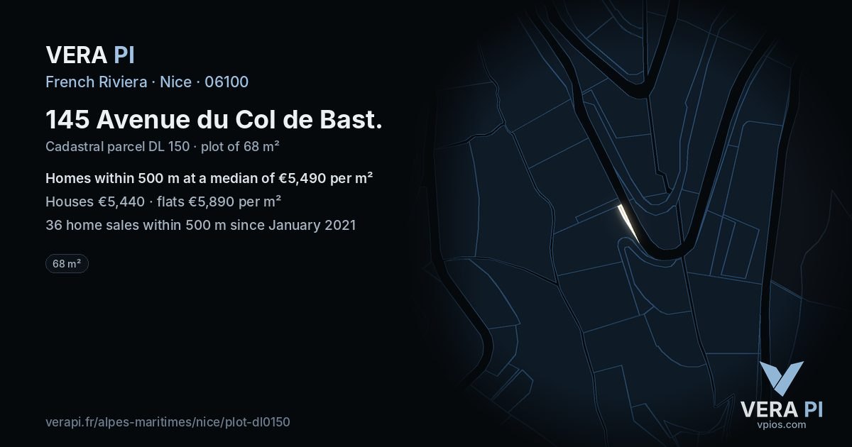 145 Avenue du Col de Bast, Nice at night – the plot lit, the parcels around coloured by the prices near them