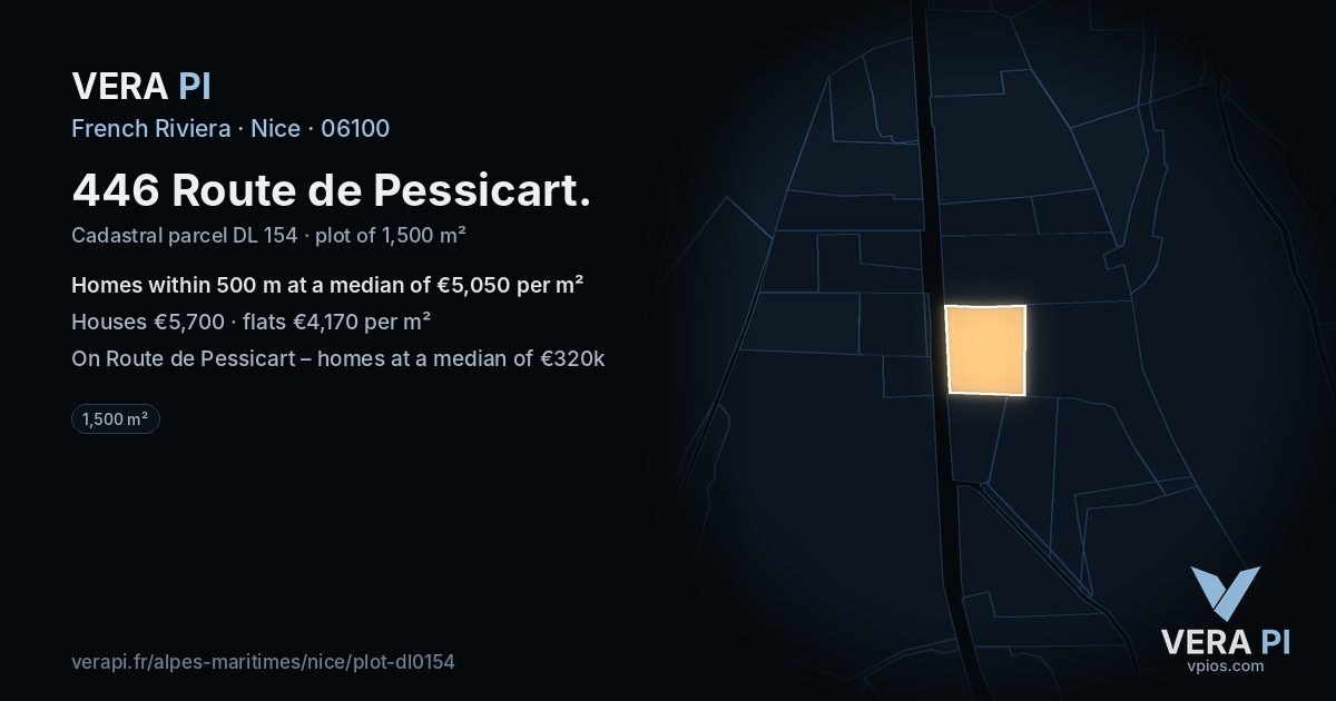 446 Route de Pessicart, Nice at night – the plot lit, the parcels around coloured by the prices near them