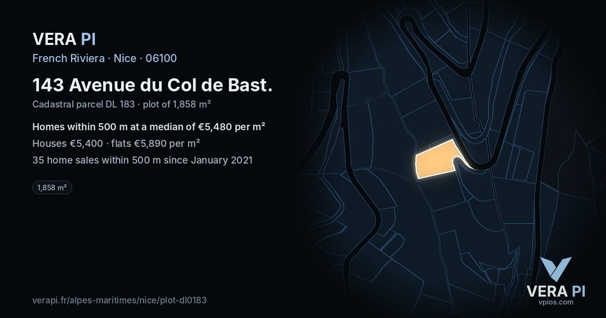 143 Avenue du Col de Bast, Nice at night – the plot lit, the parcels around coloured by the prices near them
