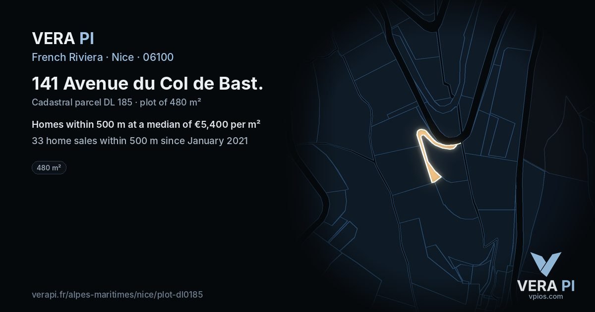 141 Avenue du Col de Bast, Nice at night – the plot lit, the parcels around coloured by the prices near them