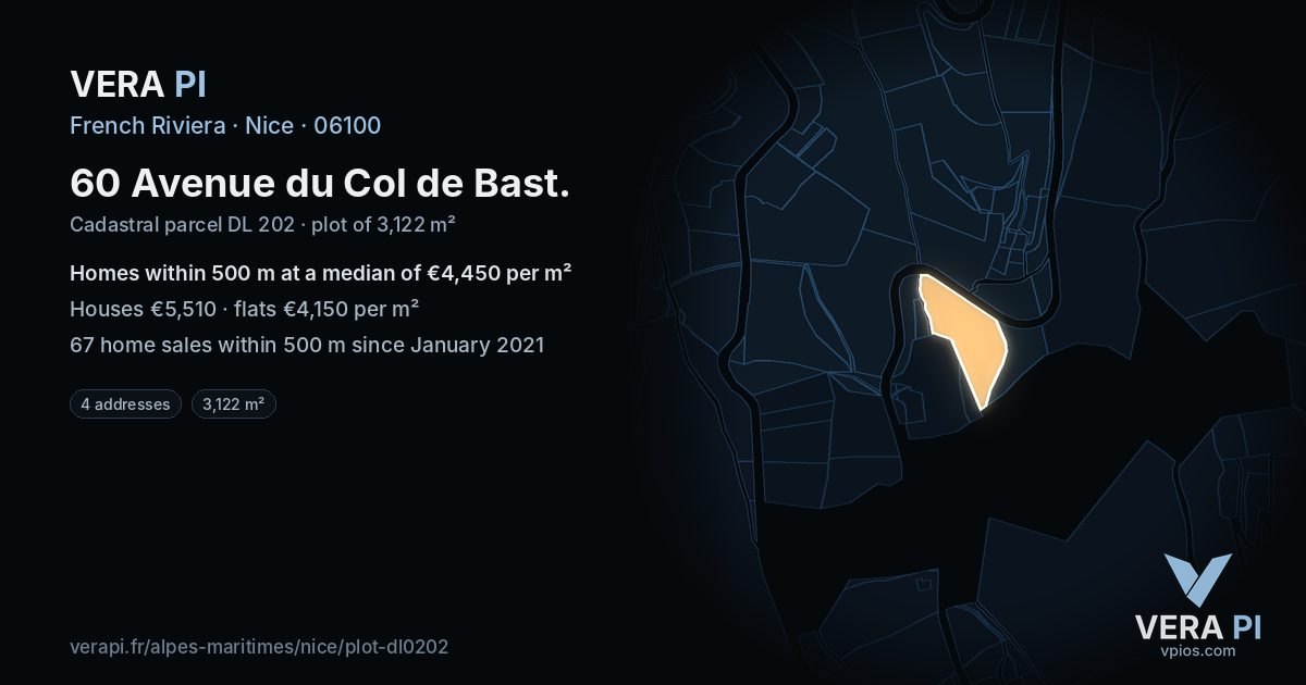 60 Avenue du Col de Bast, Nice at night – the plot lit, the parcels around coloured by the prices near them
