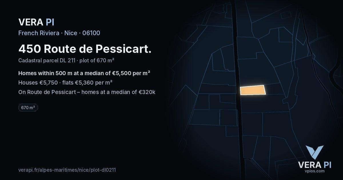 450 Route de Pessicart, Nice at night – the plot lit, the parcels around coloured by the prices near them