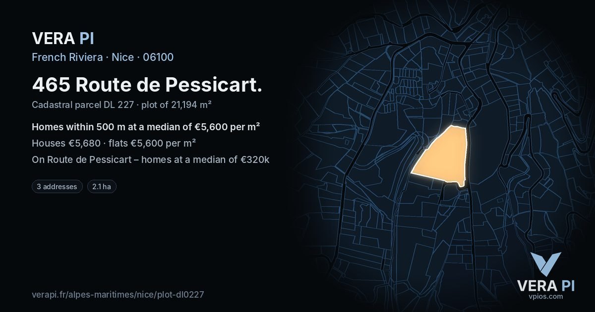 465 Route de Pessicart, Nice at night – the plot lit, the parcels around coloured by the prices near them