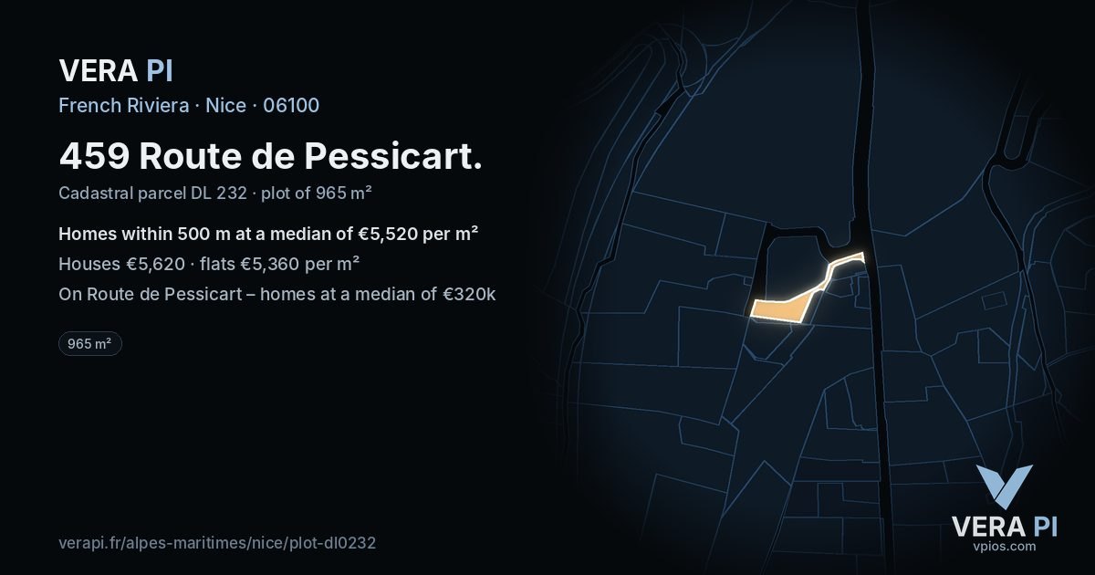 459 Route de Pessicart, Nice at night – the plot lit, the parcels around coloured by the prices near them