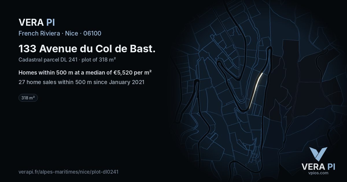 133 Avenue du Col de Bast, Nice at night – the plot lit, the parcels around coloured by the prices near them