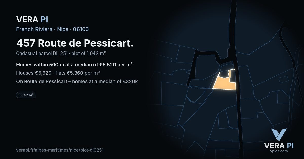 457 Route de Pessicart, Nice at night – the plot lit, the parcels around coloured by the prices near them