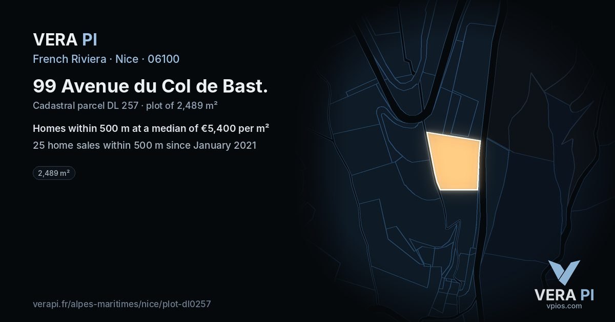 99 Avenue du Col de Bast, Nice at night – the plot lit, the parcels around coloured by the prices near them