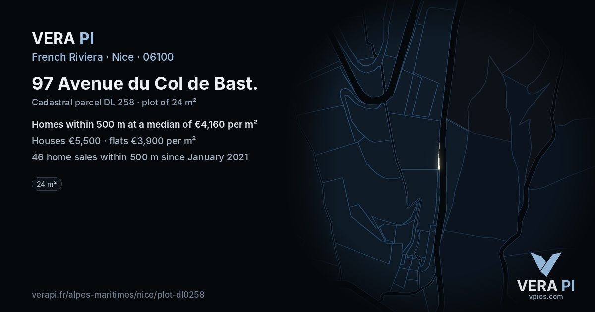 97 Avenue du Col de Bast, Nice at night – the plot lit, the parcels around coloured by the prices near them