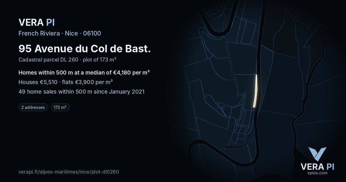 95 Avenue du Col de Bast, Nice at night – the plot lit, the parcels around coloured by the prices near them