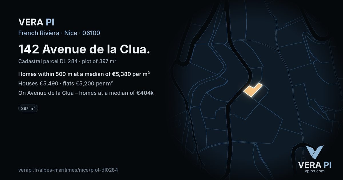 142 Avenue de la Clua, Nice at night – the plot lit, the parcels around coloured by the prices near them