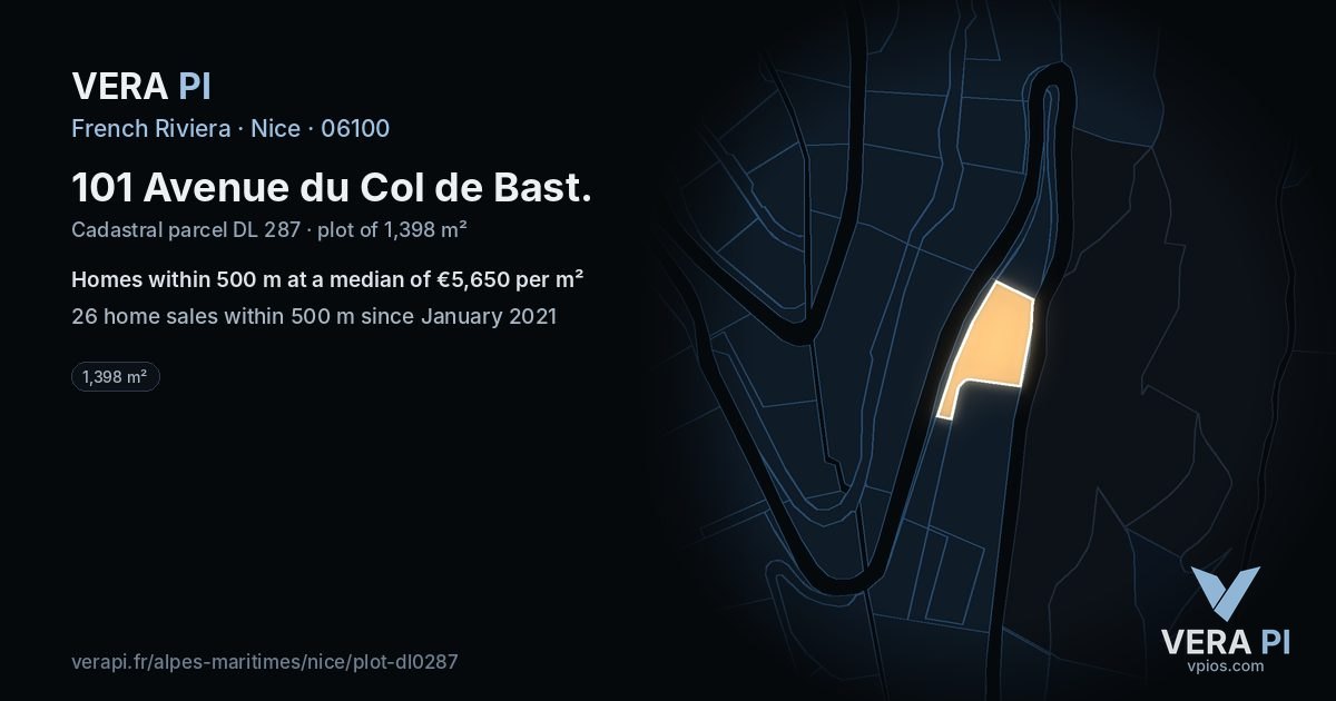 101 Avenue du Col de Bast, Nice at night – the plot lit, the parcels around coloured by the prices near them