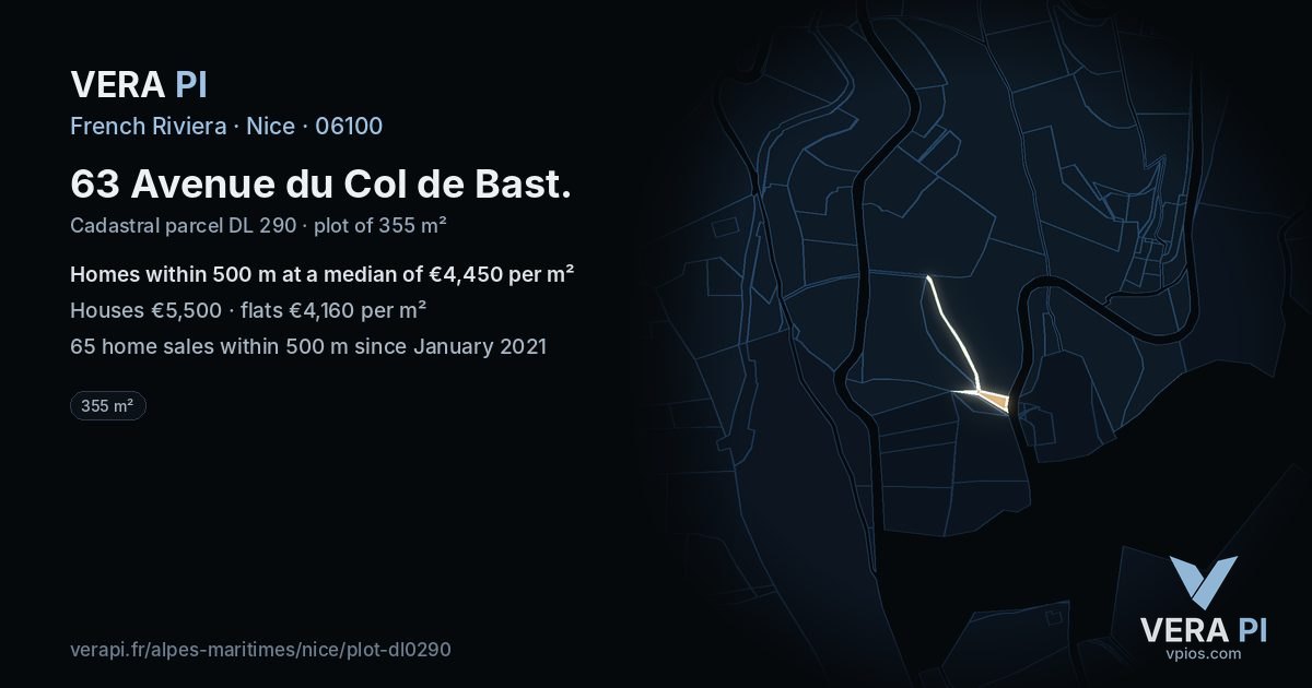 63 Avenue du Col de Bast, Nice at night – the plot lit, the parcels around coloured by the prices near them