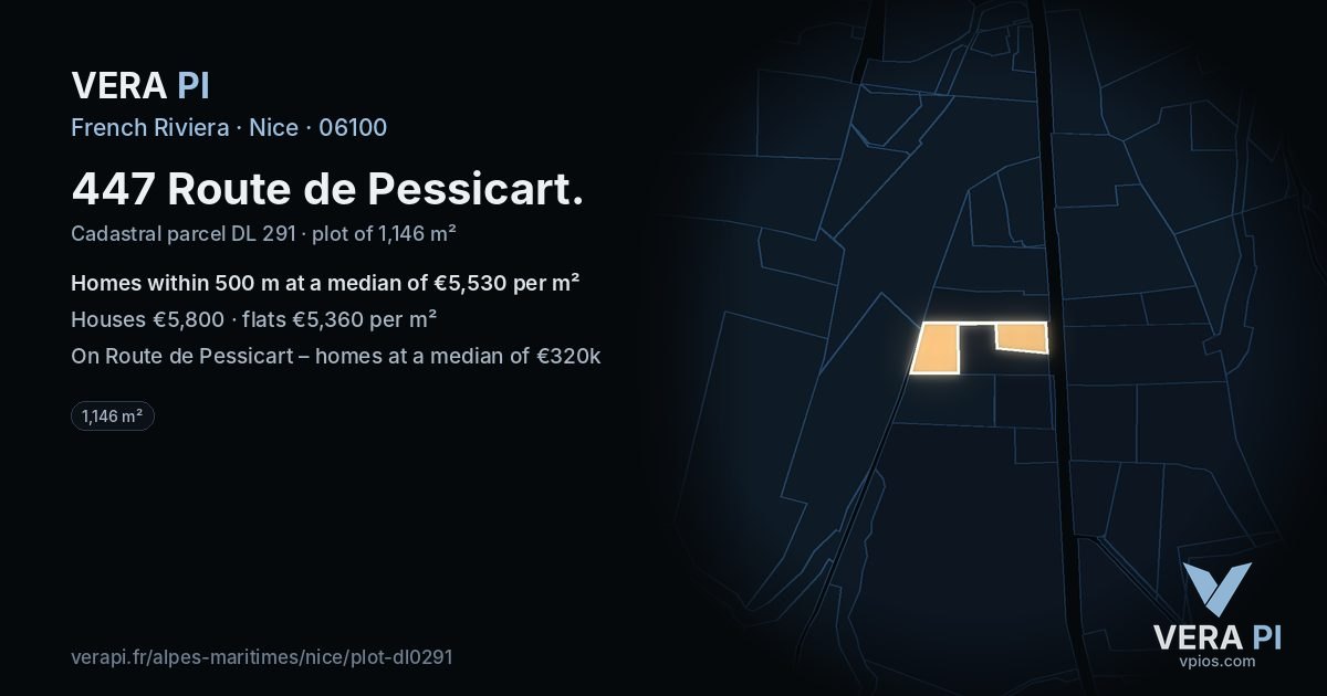 447 Route de Pessicart, Nice at night – the plot lit, the parcels around coloured by the prices near them