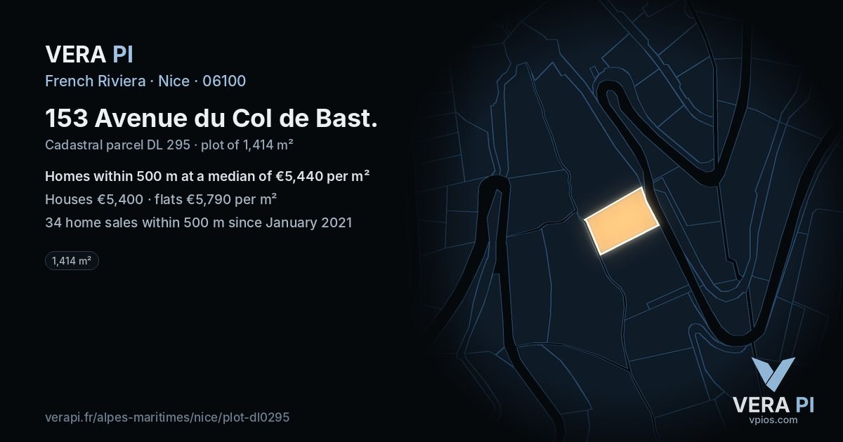 153 Avenue du Col de Bast, Nice at night – the plot lit, the parcels around coloured by the prices near them