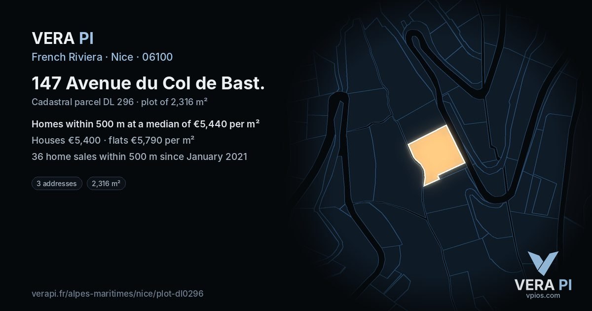 147 Avenue du Col de Bast, Nice at night – the plot lit, the parcels around coloured by the prices near them