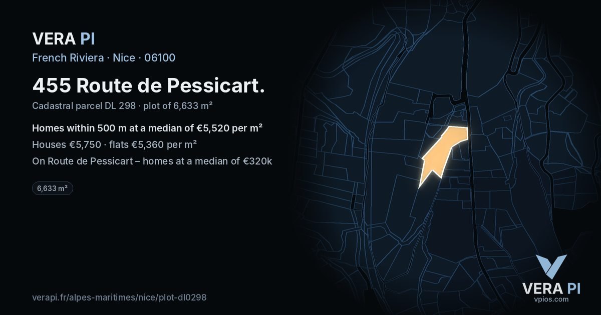 455 Route de Pessicart, Nice at night – the plot lit, the parcels around coloured by the prices near them