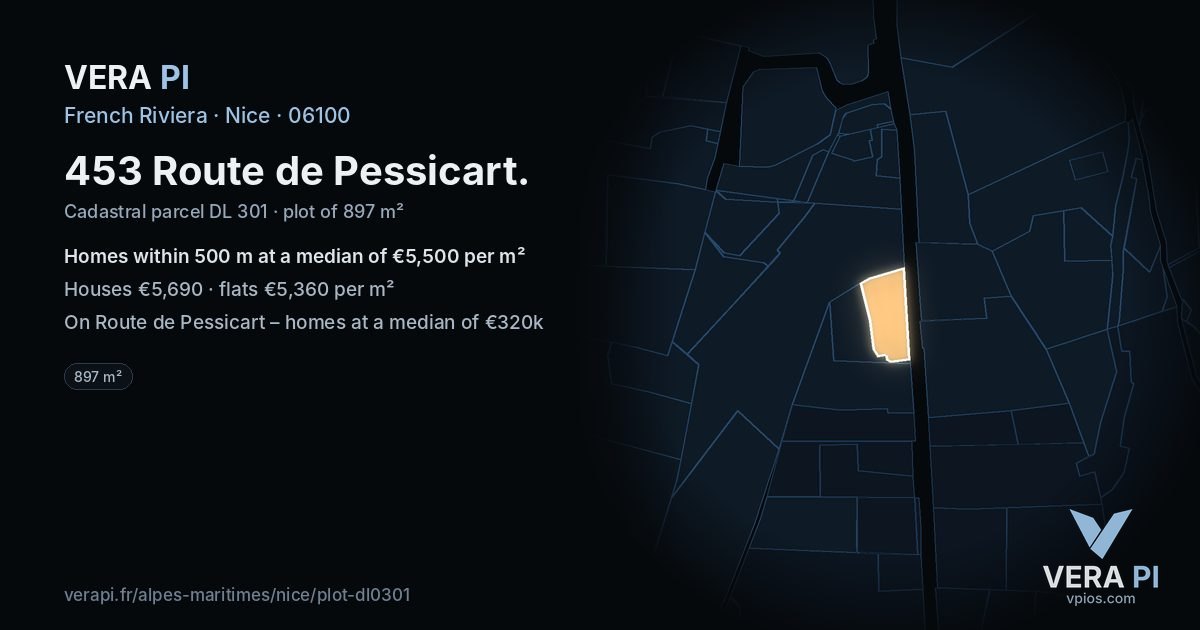 453 Route de Pessicart, Nice at night – the plot lit, the parcels around coloured by the prices near them