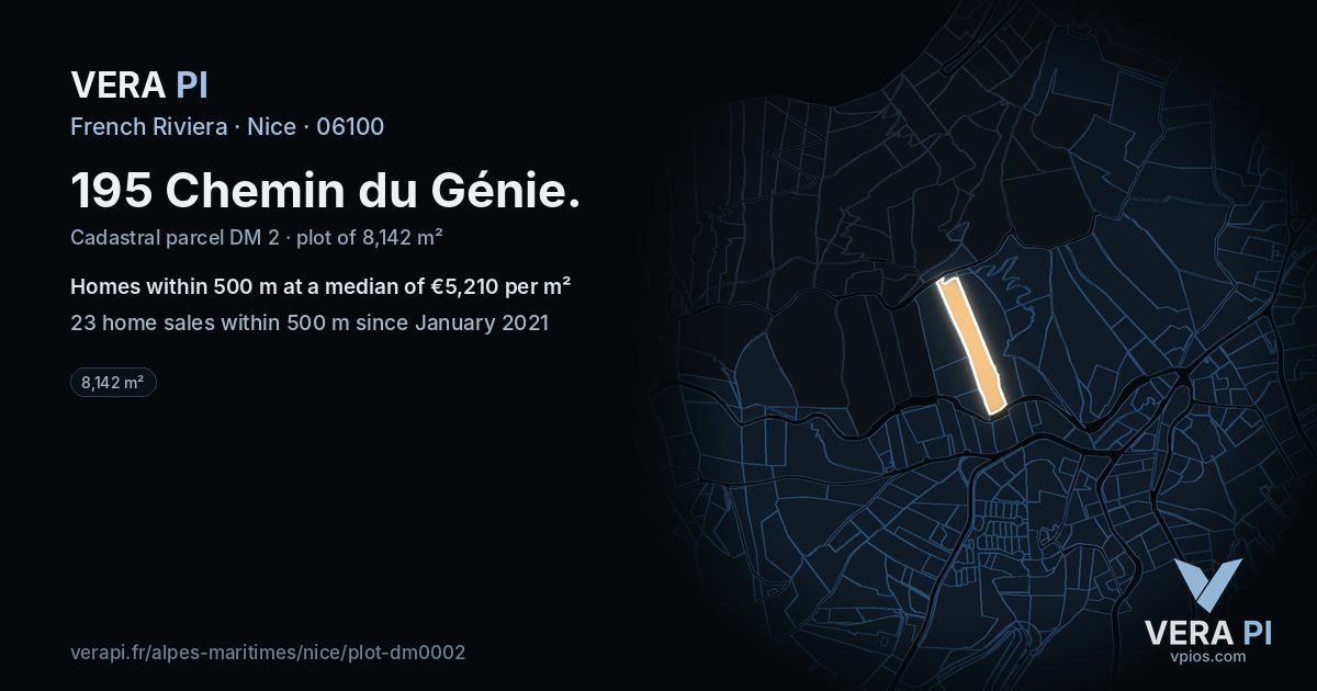 195 Chemin du Génie, Nice at night – the plot lit, the parcels around coloured by the prices near them