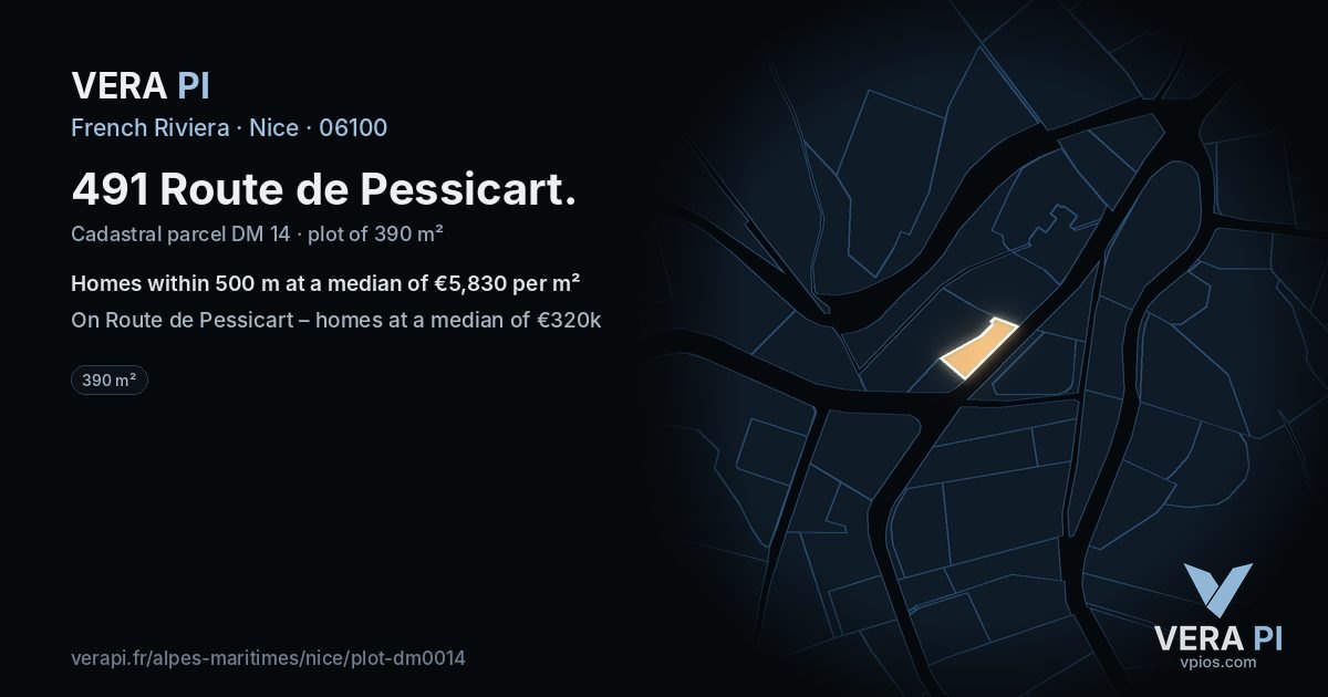 491 Route de Pessicart, Nice at night – the plot lit, the parcels around coloured by the prices near them
