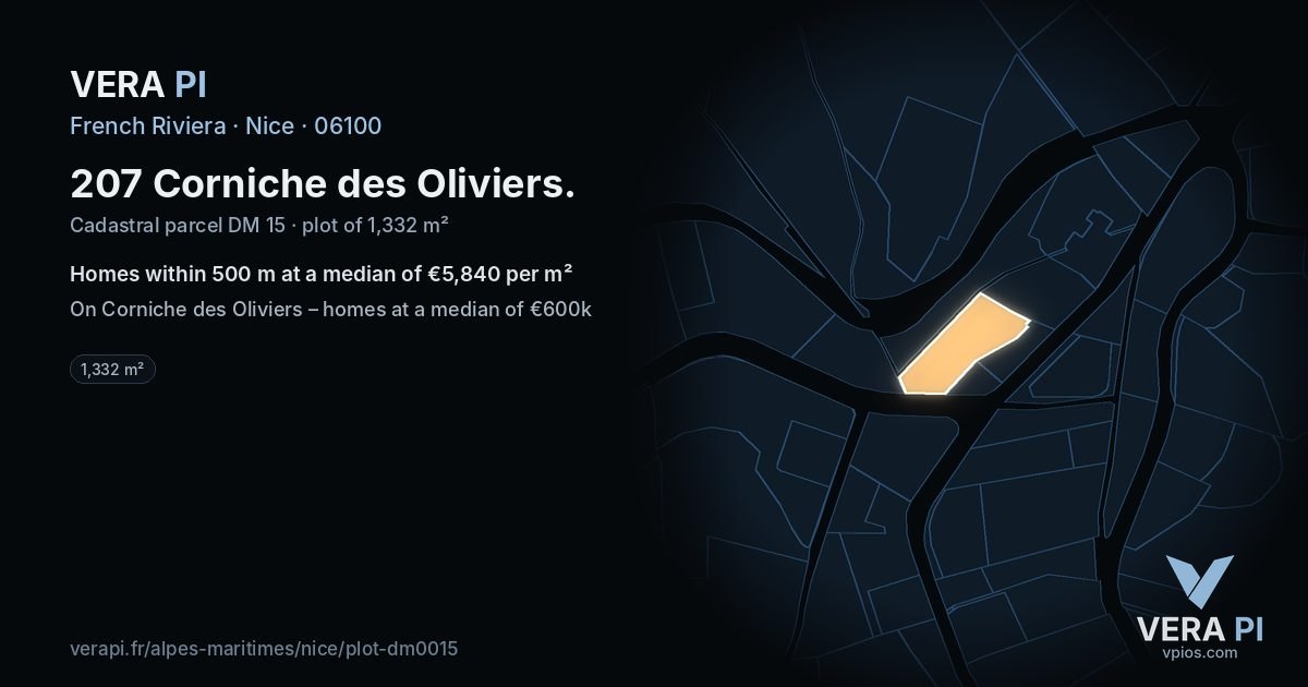 207 Corniche des Oliviers, Nice at night – the plot lit, the parcels around coloured by the prices near them
