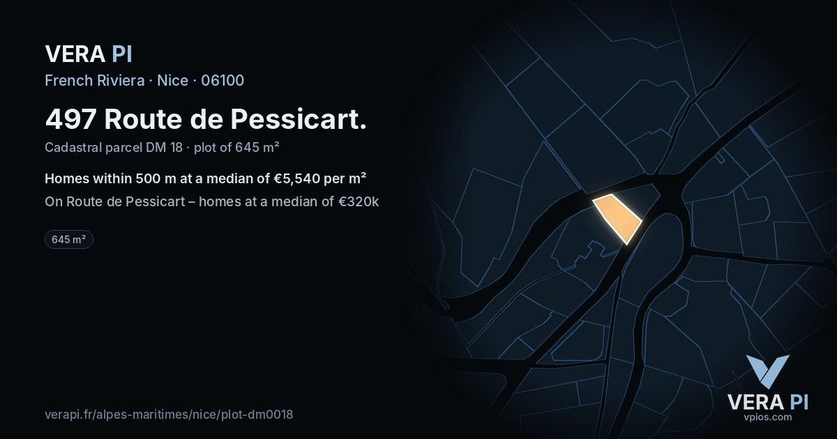 497 Route de Pessicart, Nice at night – the plot lit, the parcels around coloured by the prices near them