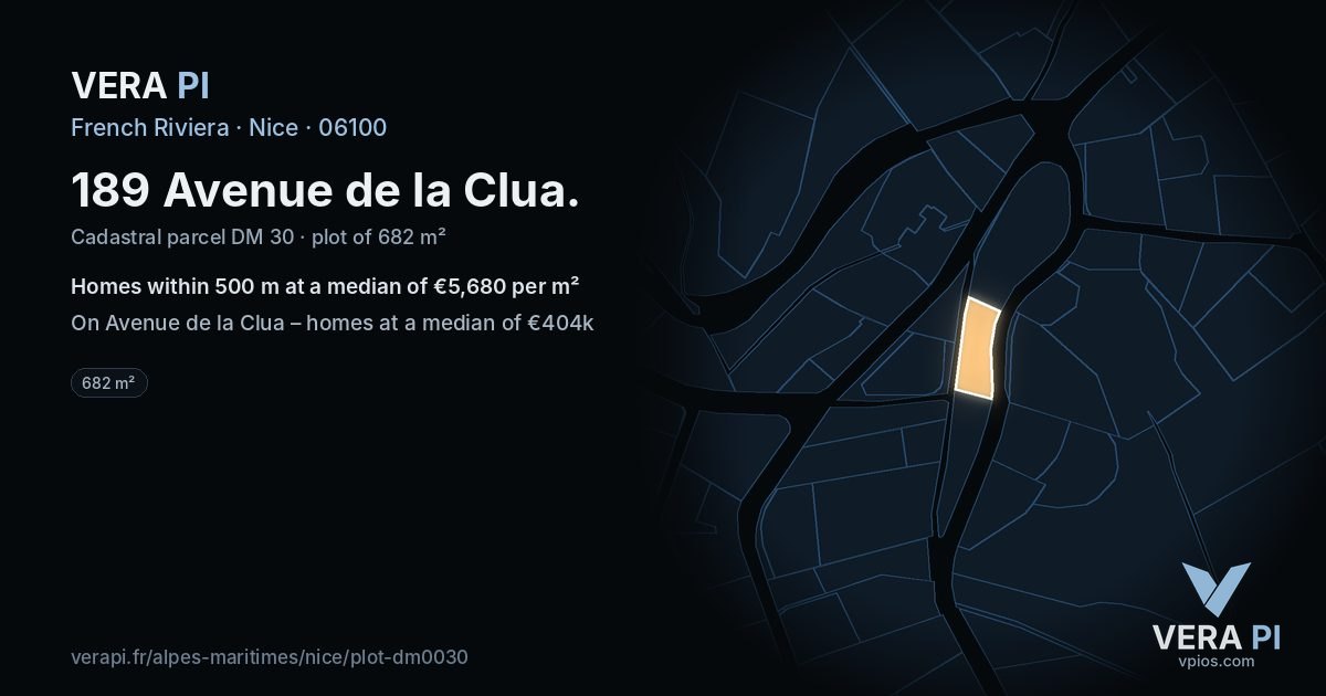 189 Avenue de la Clua, Nice at night – the plot lit, the parcels around coloured by the prices near them