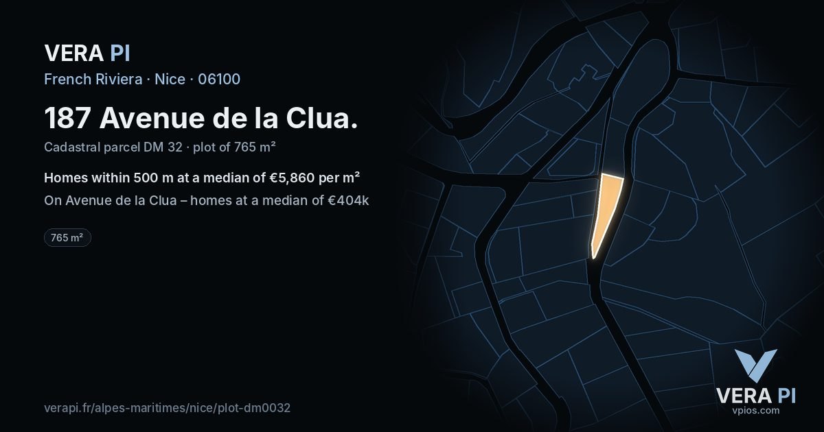 187 Avenue de la Clua, Nice at night – the plot lit, the parcels around coloured by the prices near them