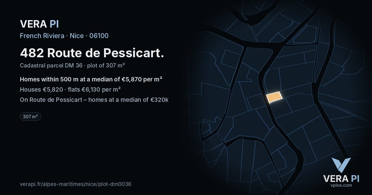 482 Route de Pessicart, Nice at night – the plot lit, the parcels around coloured by the prices near them