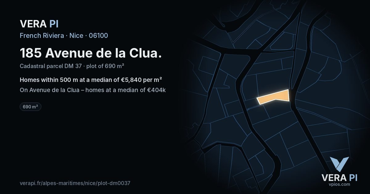 185 Avenue de la Clua, Nice at night – the plot lit, the parcels around coloured by the prices near them