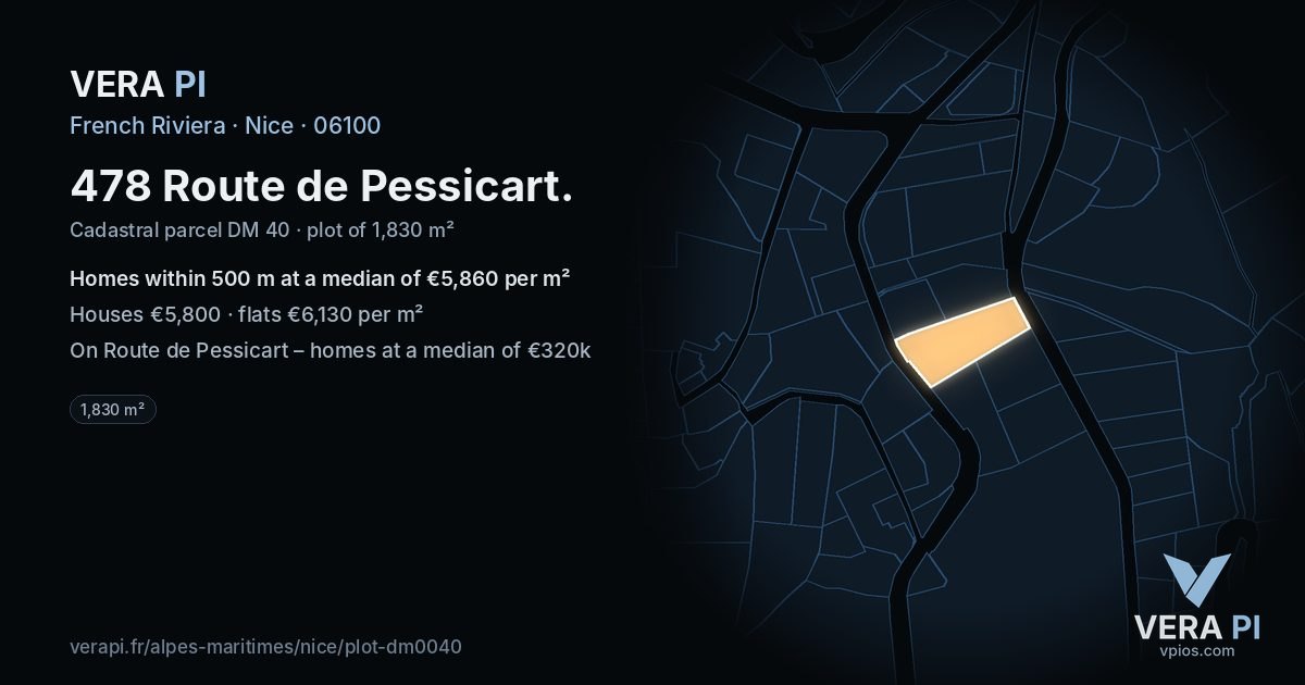 478 Route de Pessicart, Nice at night – the plot lit, the parcels around coloured by the prices near them
