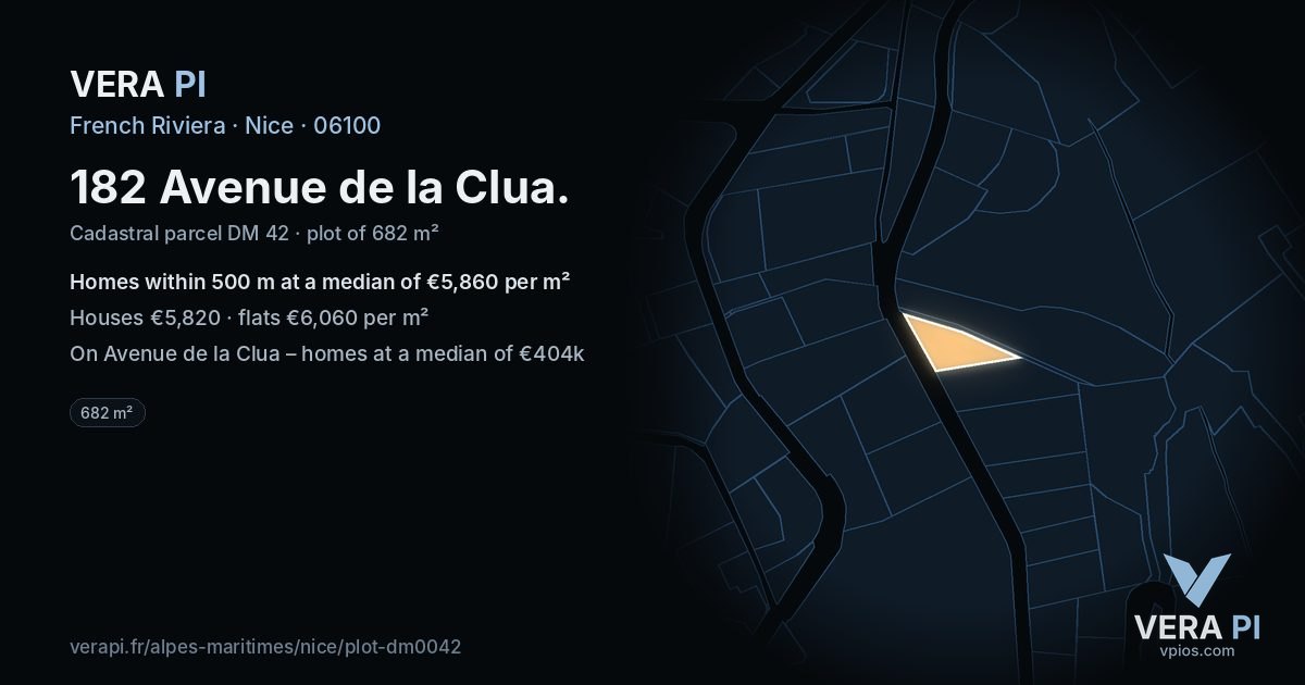 182 Avenue de la Clua, Nice at night – the plot lit, the parcels around coloured by the prices near them