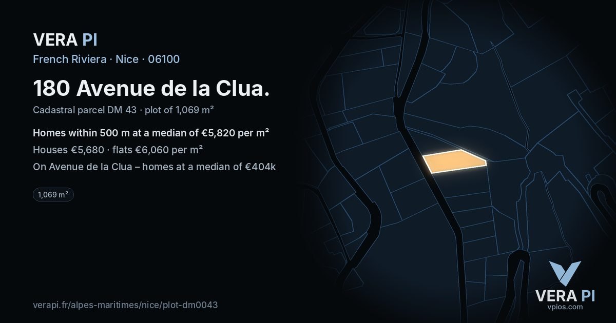 180 Avenue de la Clua, Nice at night – the plot lit, the parcels around coloured by the prices near them