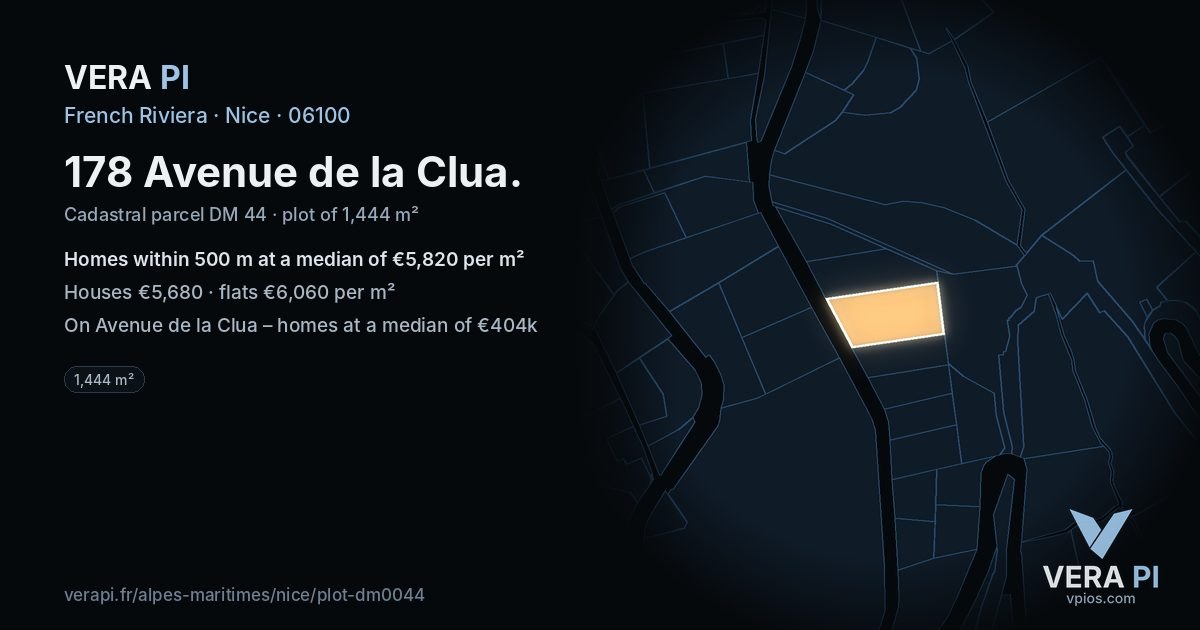 178 Avenue de la Clua, Nice at night – the plot lit, the parcels around coloured by the prices near them