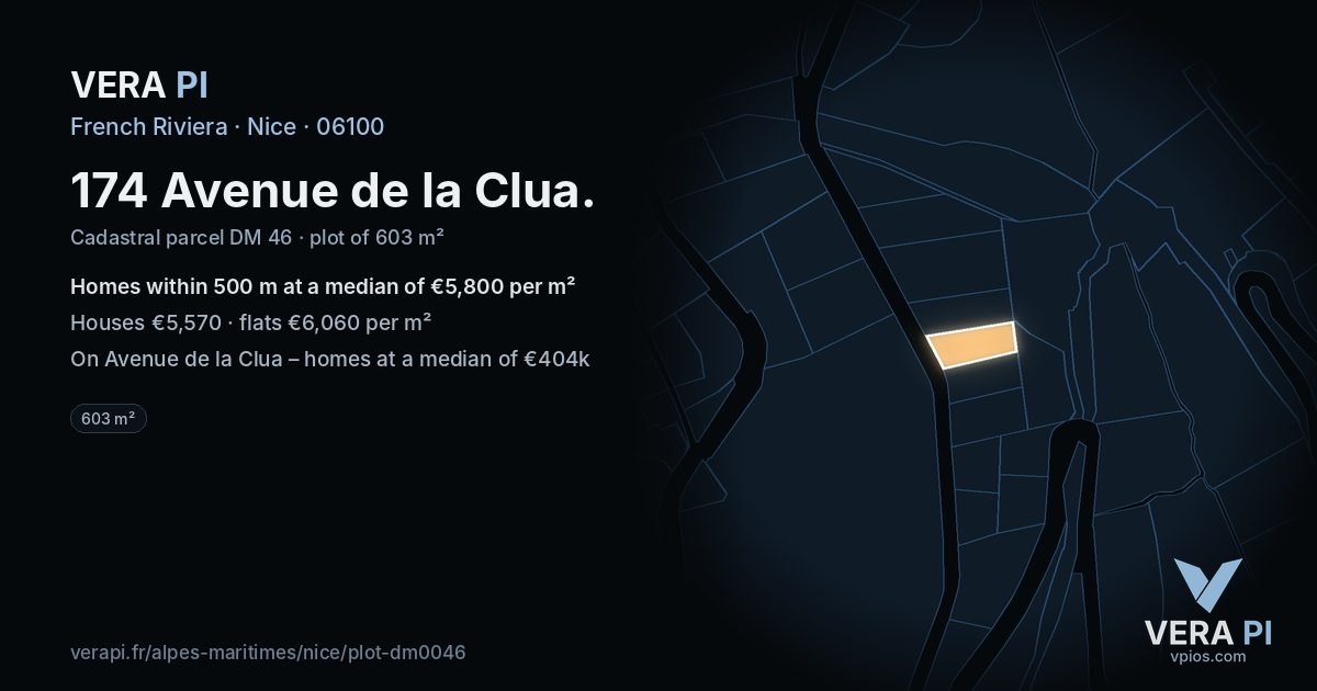174 Avenue de la Clua, Nice at night – the plot lit, the parcels around coloured by the prices near them
