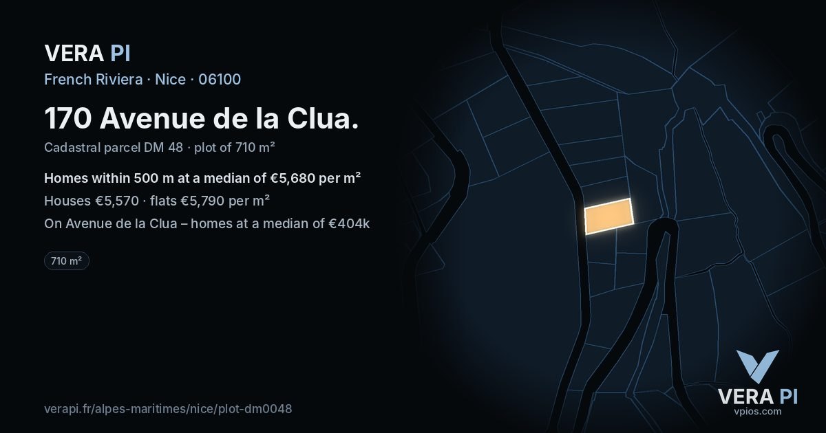 170 Avenue de la Clua, Nice at night – the plot lit, the parcels around coloured by the prices near them