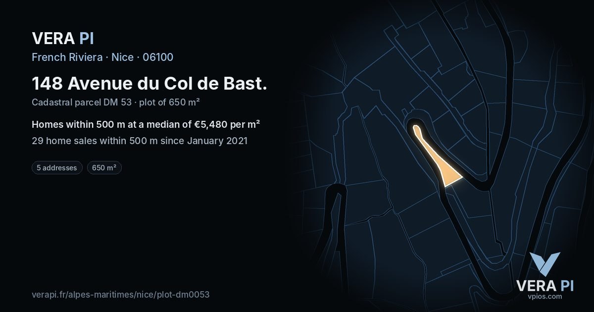 148 Avenue du Col de Bast, Nice at night – the plot lit, the parcels around coloured by the prices near them