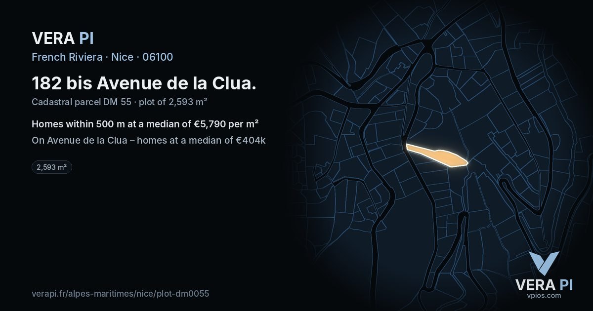 182 bis Avenue de la Clua, Nice at night – the plot lit, the parcels around coloured by the prices near them