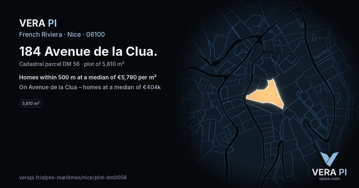 184 Avenue de la Clua, Nice at night – the plot lit, the parcels around coloured by the prices near them