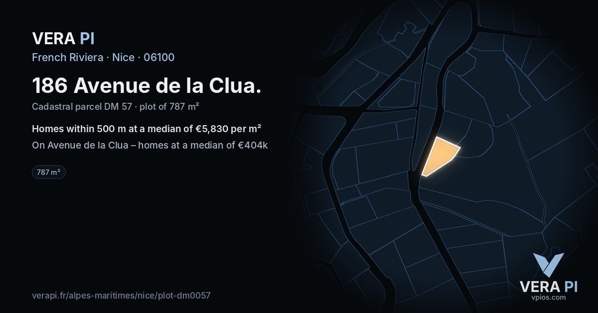 186 Avenue de la Clua, Nice at night – the plot lit, the parcels around coloured by the prices near them