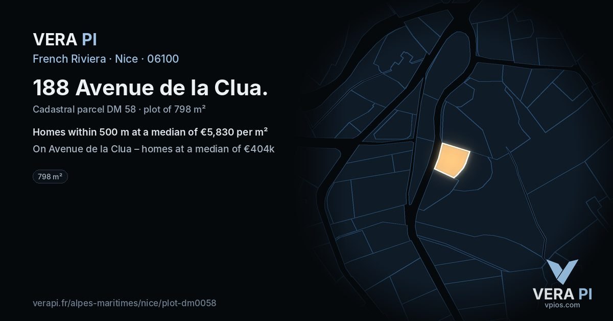 188 Avenue de la Clua, Nice at night – the plot lit, the parcels around coloured by the prices near them